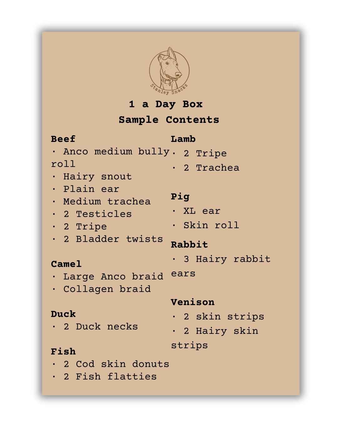 An image of a brown card menu of of dog treat box contents.