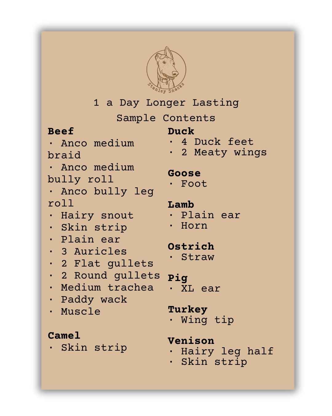 An image of a brown card menu of of dog treat box contents.