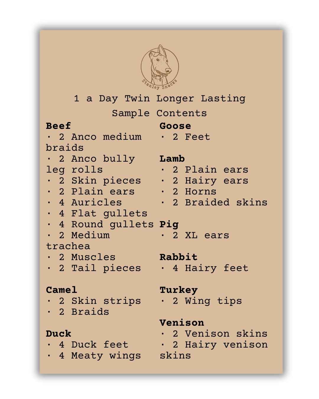 An image of a brown card menu of of dog treat box contents.