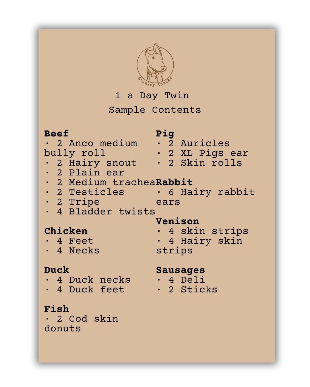 An image of a brown card menu of of dog treat box contents.