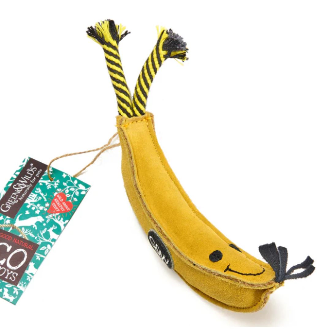 A colour image of a yellow banana dog toy