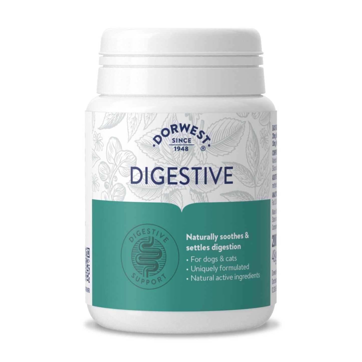 An image with a tub of Dorwest digestive tablets. The label is green and reads - Naturally soothes and settles digestion. For dogs and cats, uniquely formulated, natural active ingredients.