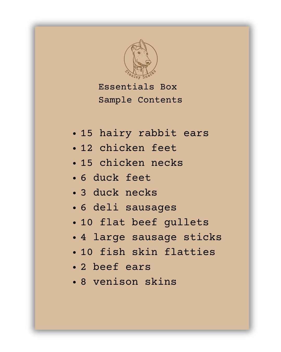 A colour image of a brown card menu of natural dog treat box contents.