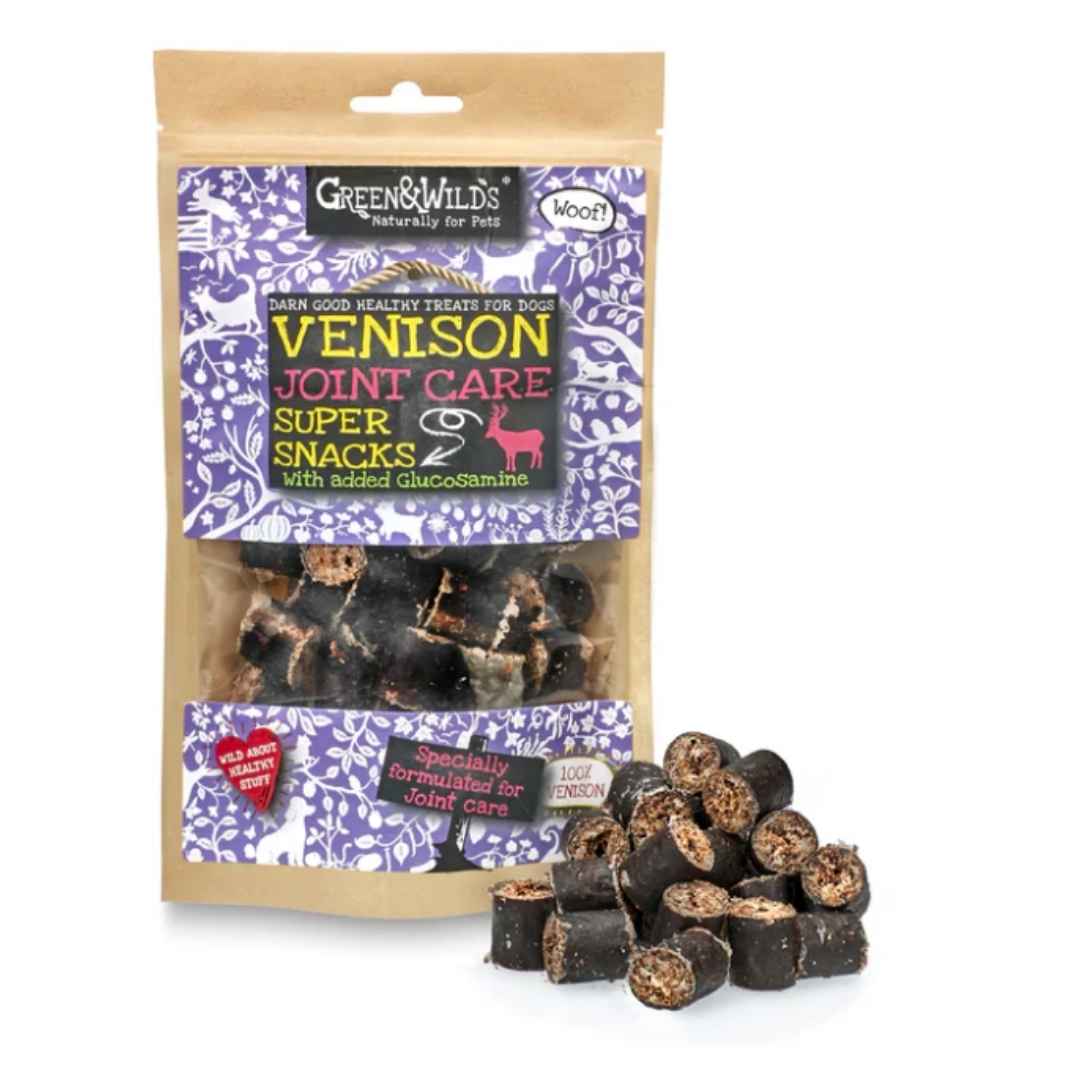 A colour image of a packet of Green & Wilds Venison Joint Care snacks.