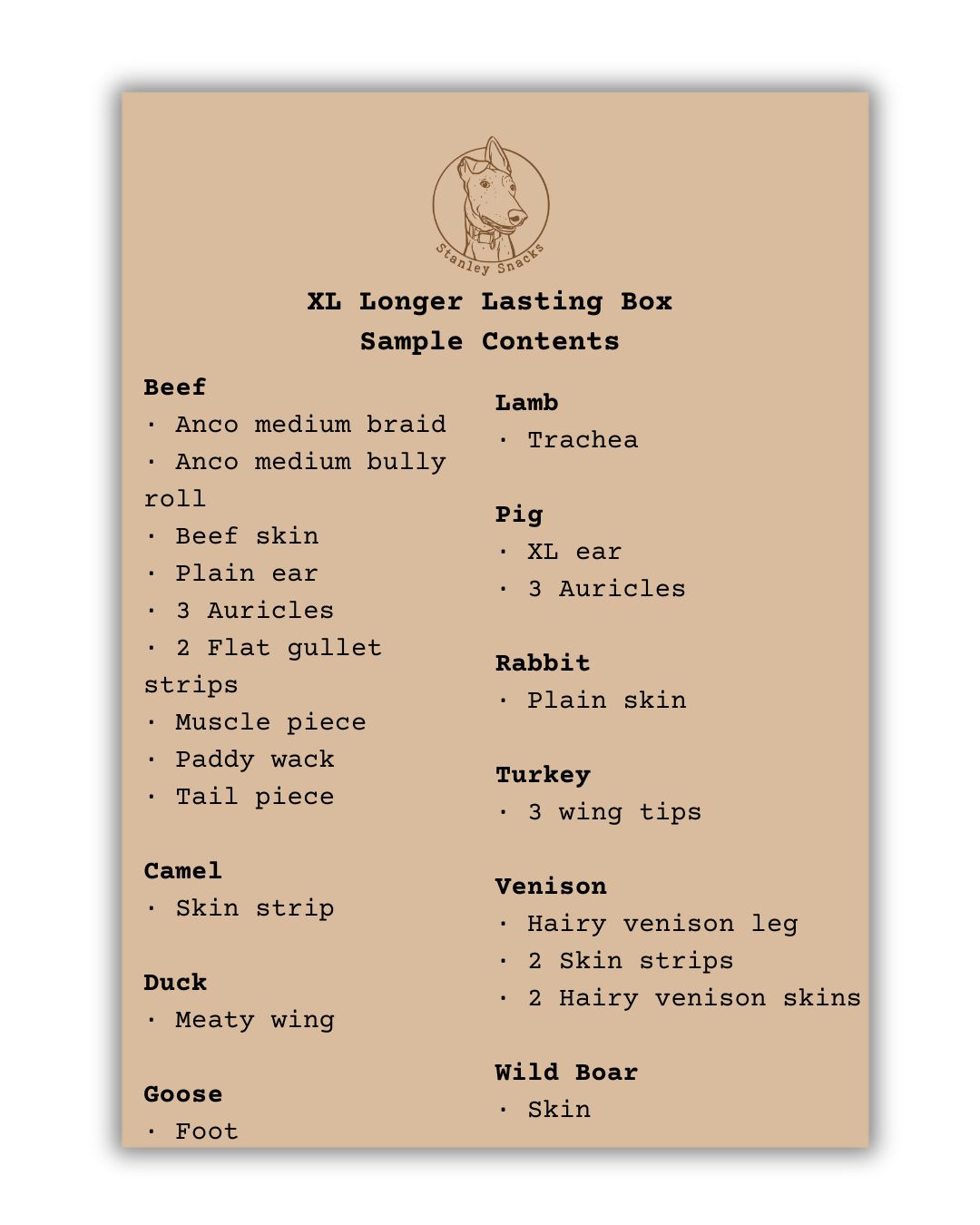 A colour image of a brown card menu of natural dog treat box contents.