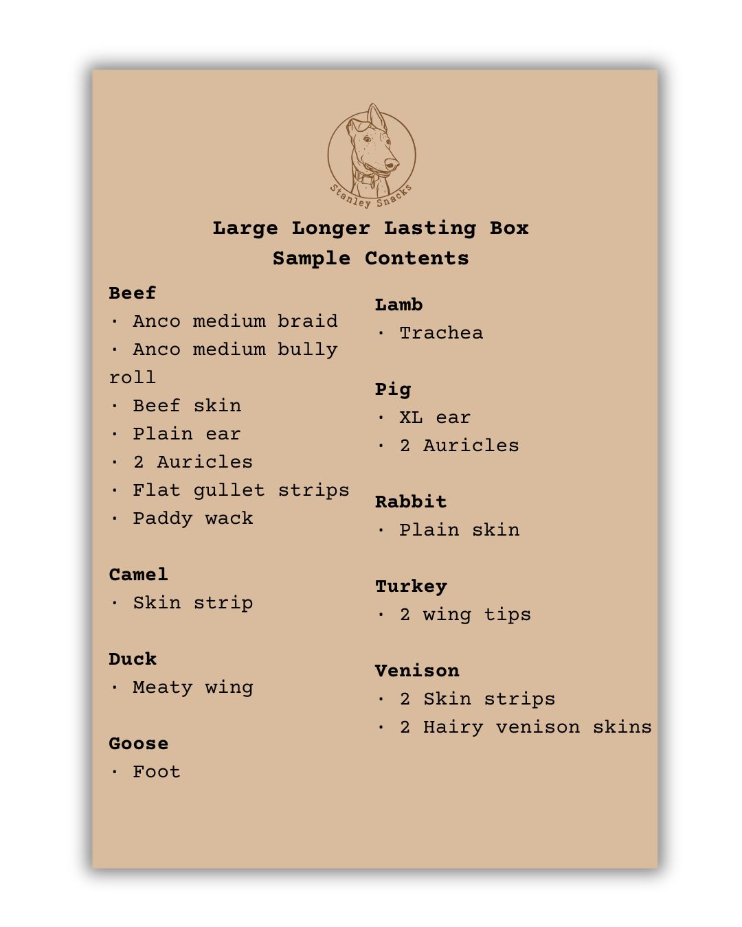 A colour image of a brown card menu of natural dog treat box contents.
