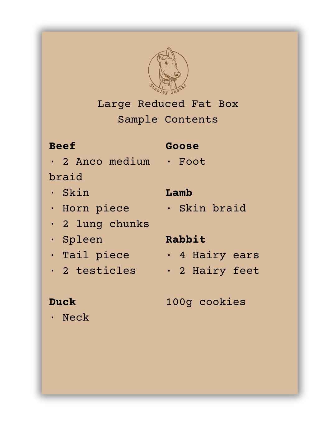 A colour image of a brown card menu of natural dog treat box contents.