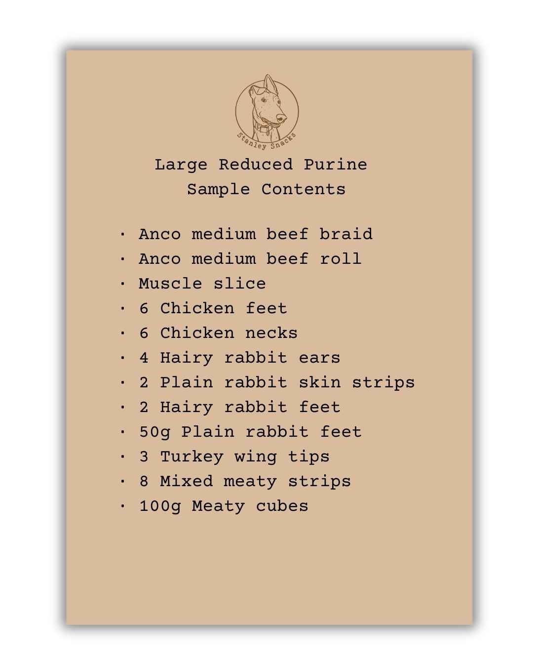 A colour image of a brown card menu of natural dog treat box contents.