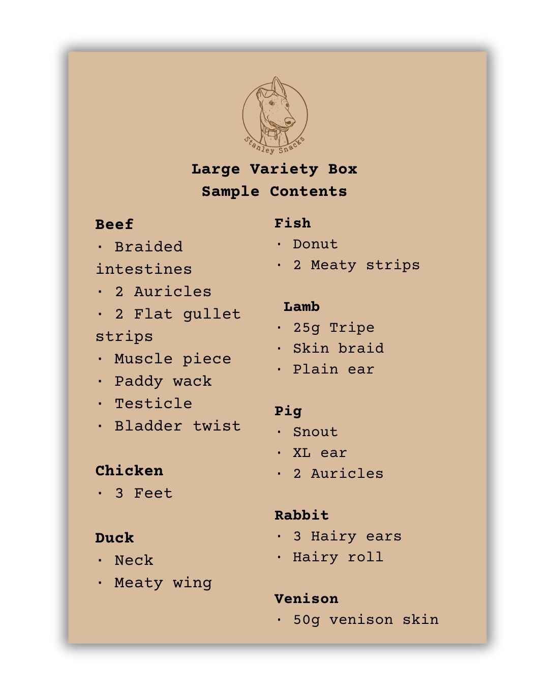 A colour image of a brown card menu of natural dog treat box contents.
