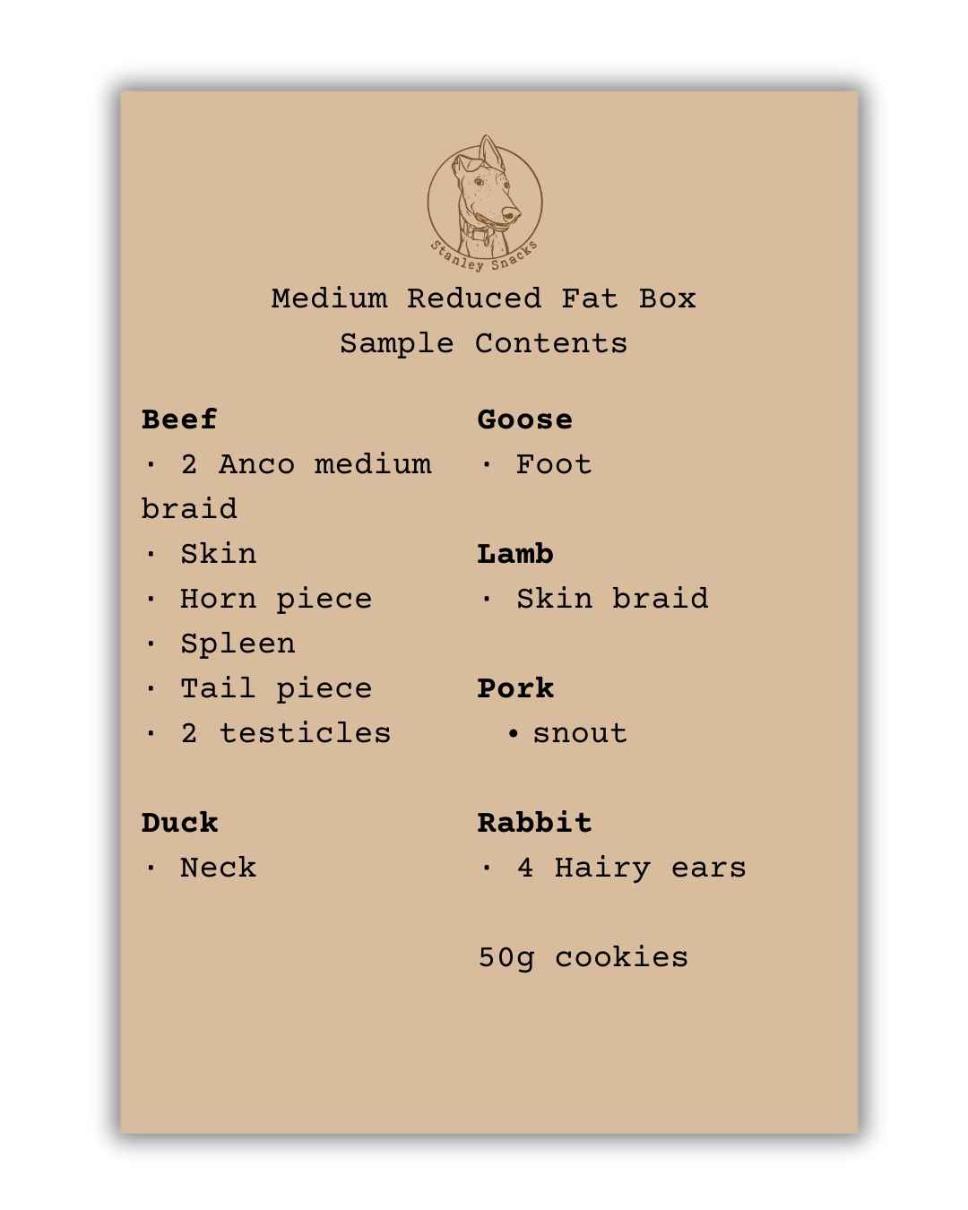 A colour image of a brown card menu of natural dog treat box contents.