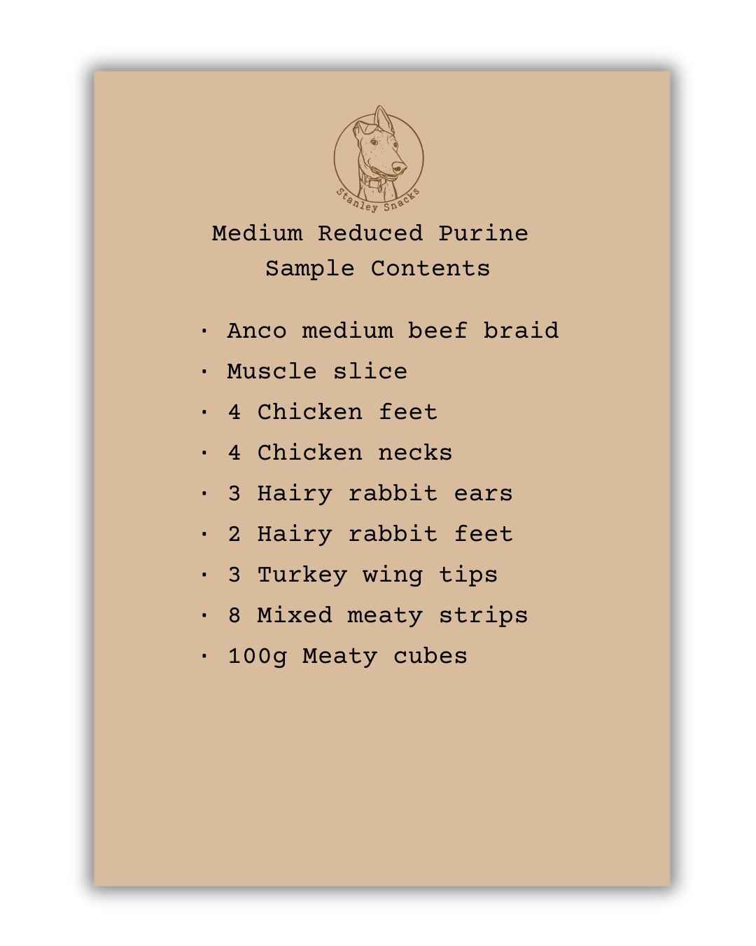 A colour image of a brown card menu of natural dog treat box contents.