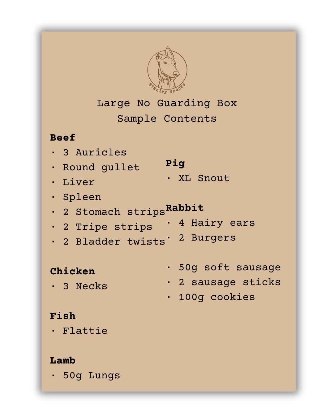 A colour image of a brown card menu of natural dog treat box contents.