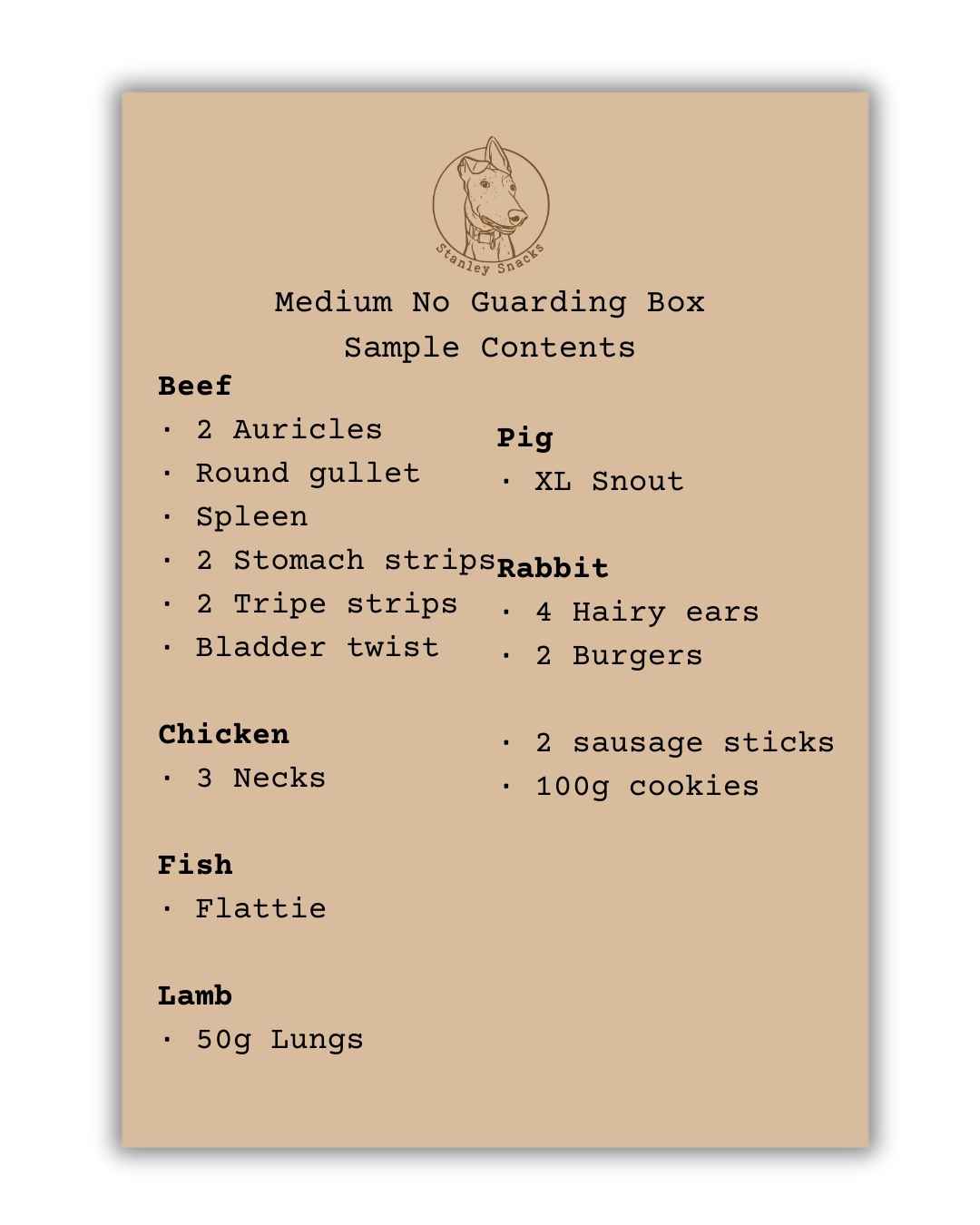 A colour image of a brown card menu of natural dog treat box contents.