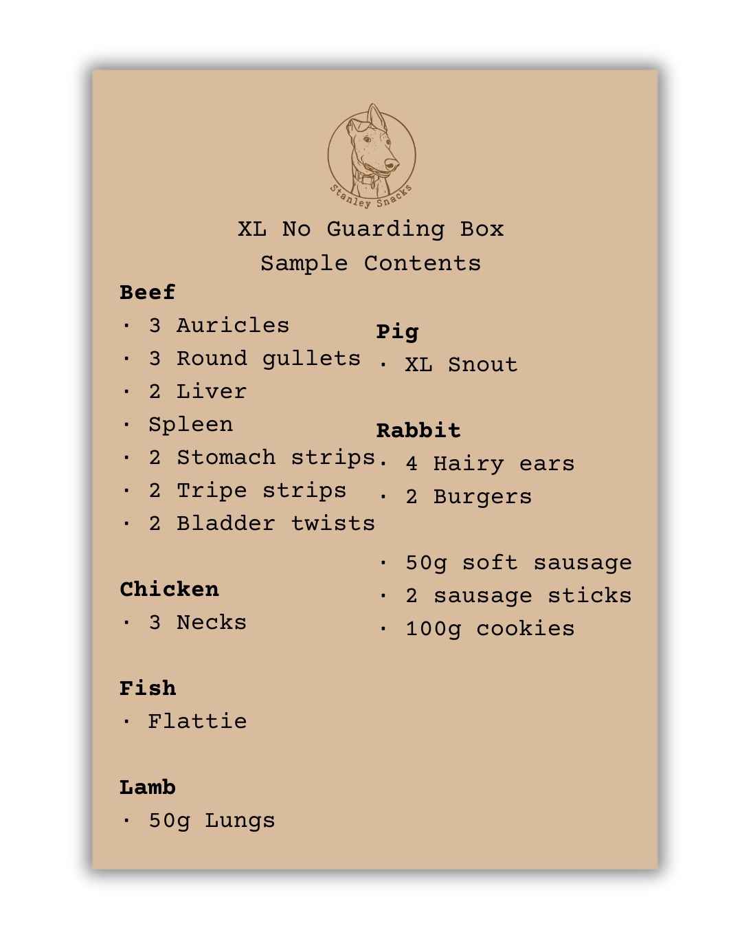 A colour image of a brown card menu of natural dog treat box contents.