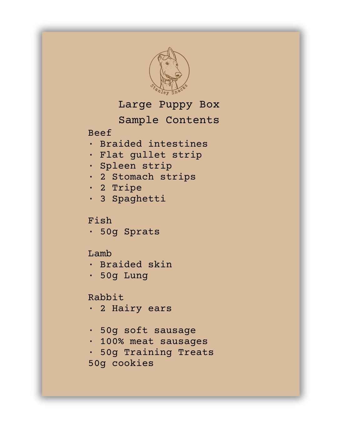 A colour image of a brown card menu of natural dog treat box contents.
