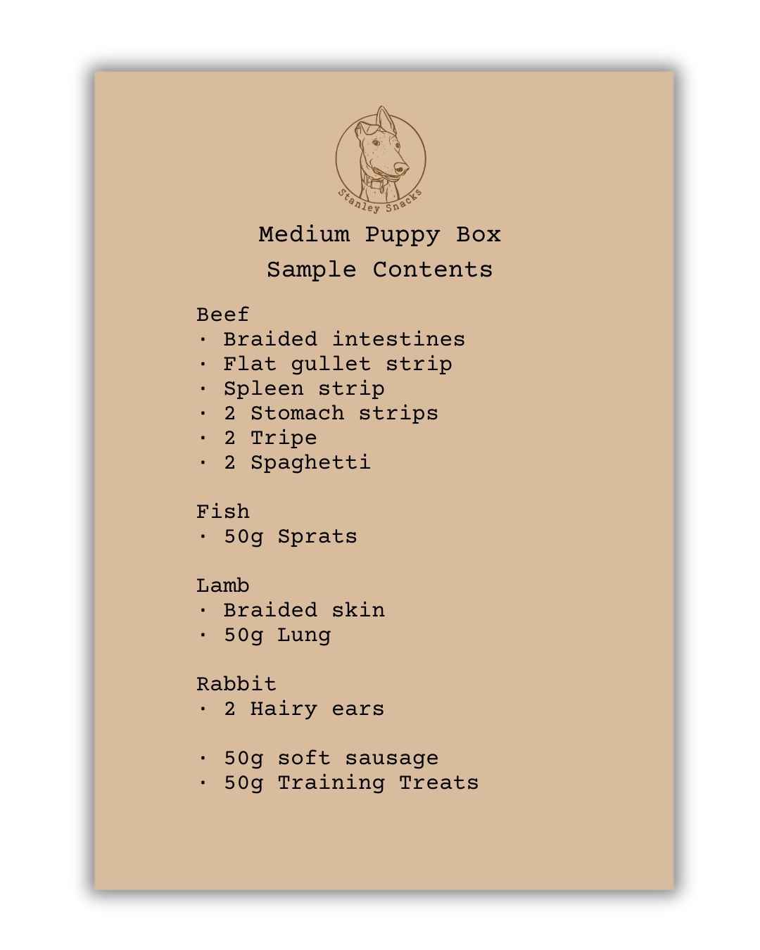 A colour image of a brown card menu of natural dog treat box contents.