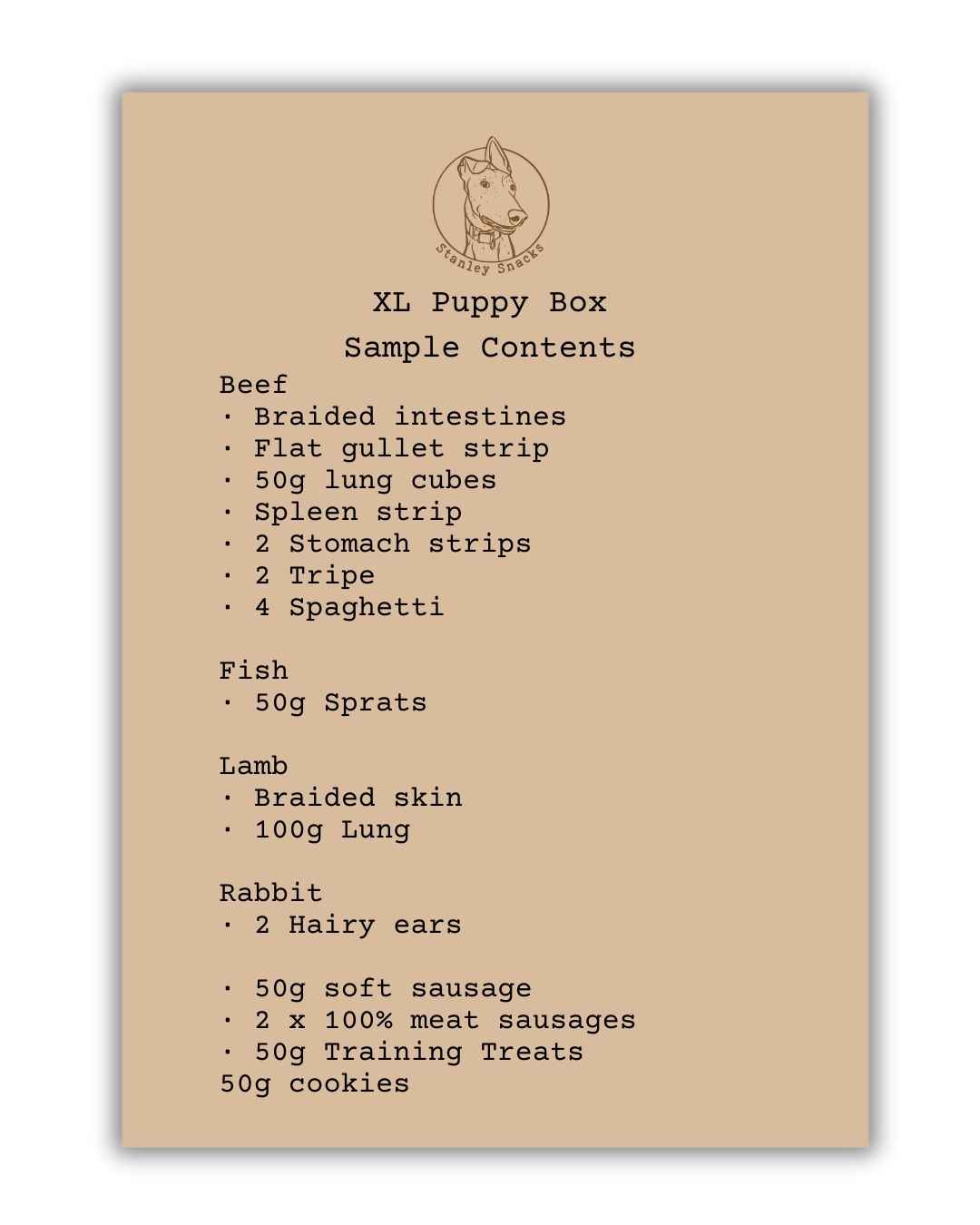 A colour image of a brown card menu of natural dog treat box contents.