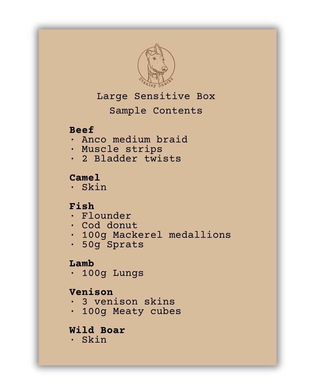 A colour image of a brown card menu of natural dog treat box contents.