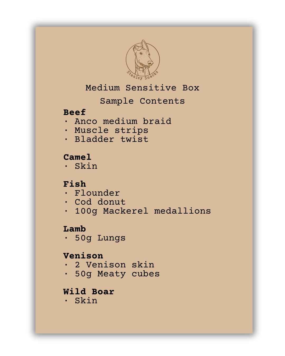 A colour image of a brown card menu of natural dog treat box contents.