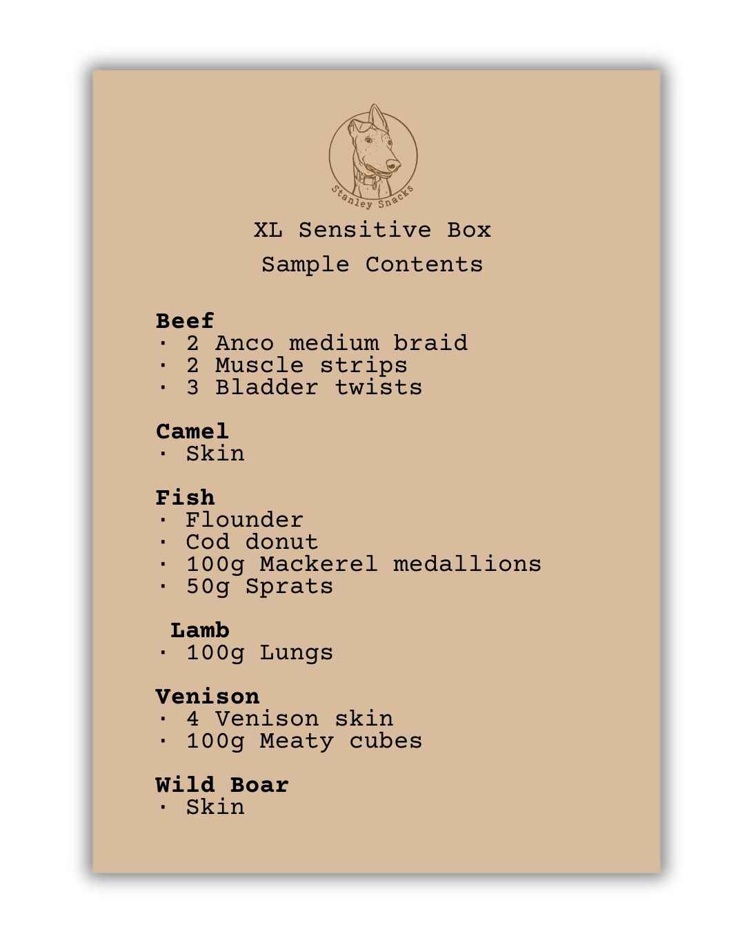 A colour image of a brown card menu of natural dog treat box contents.