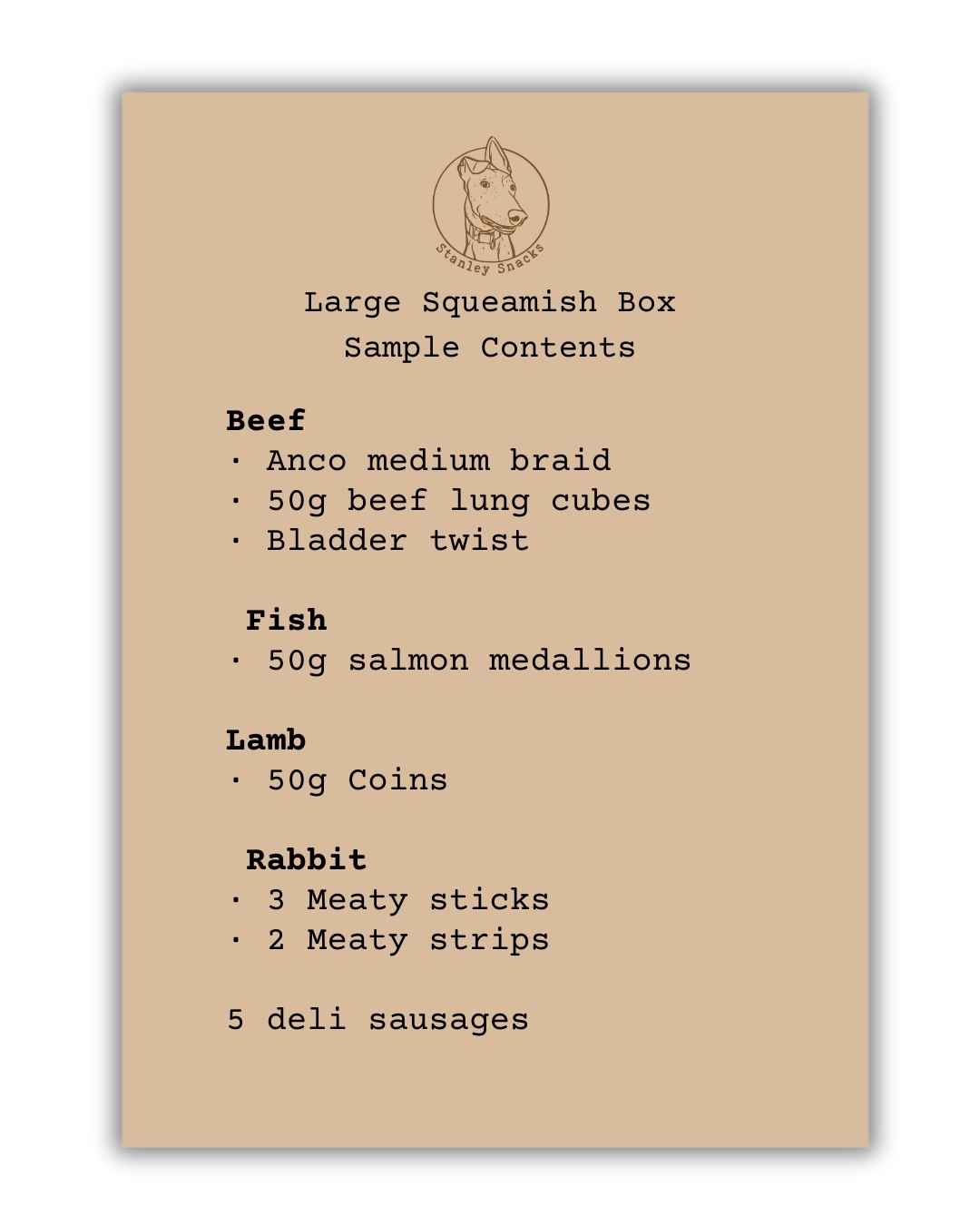 A colour image of a brown card menu of natural dog treat box contents.