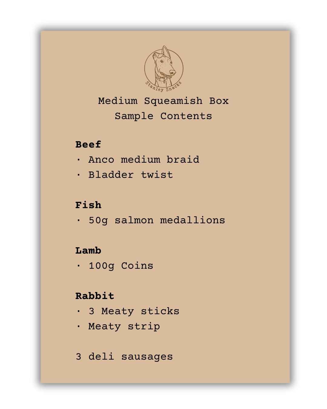 A colour image of a brown card menu of natural dog treat box contents.