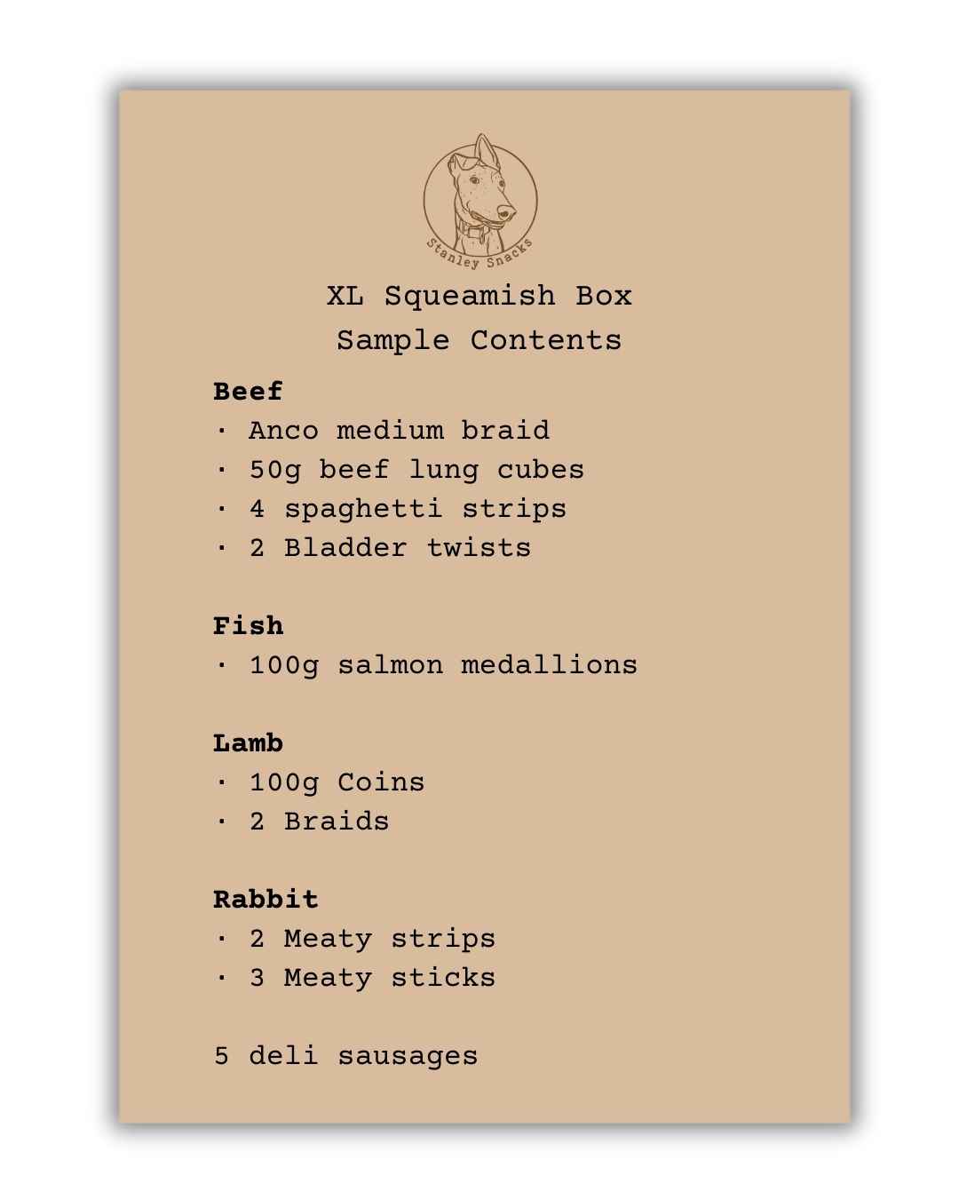 A colour image of a brown card menu of natural dog treat box contents.