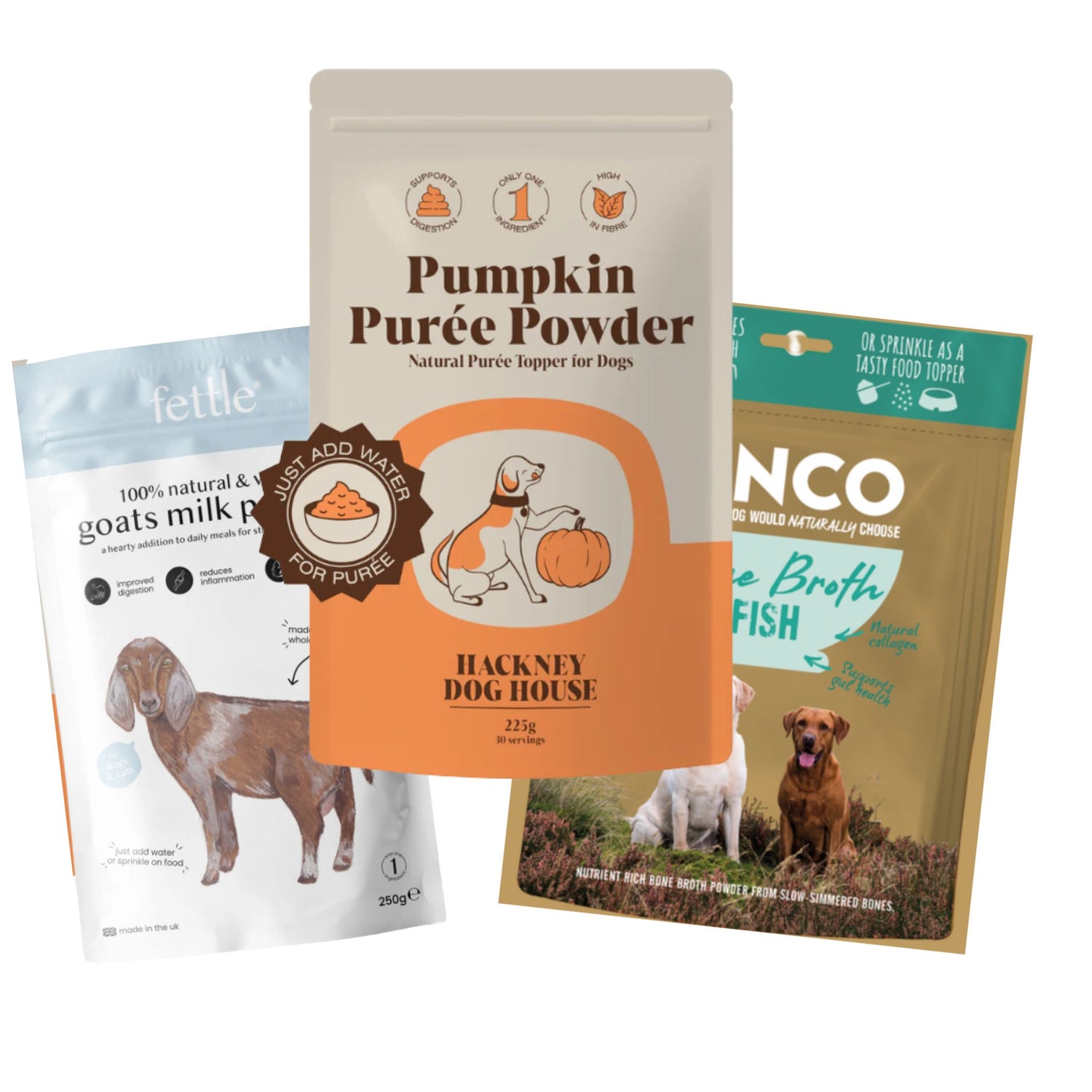 A colour image of 3 packages of dog supplements