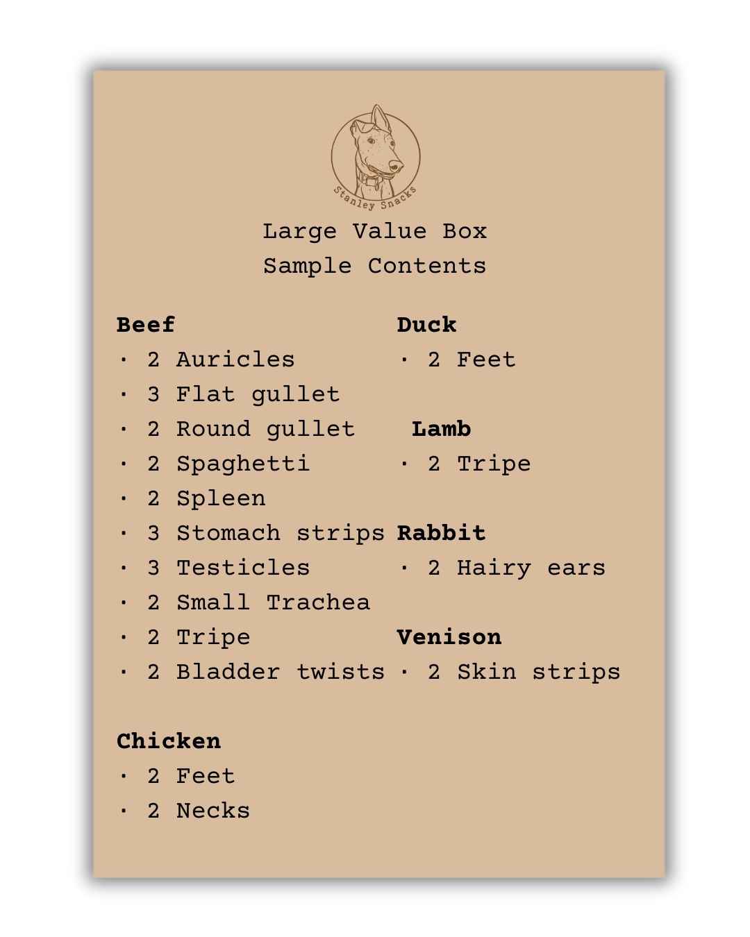 A colour image of a brown card menu of natural dog treat box contents.