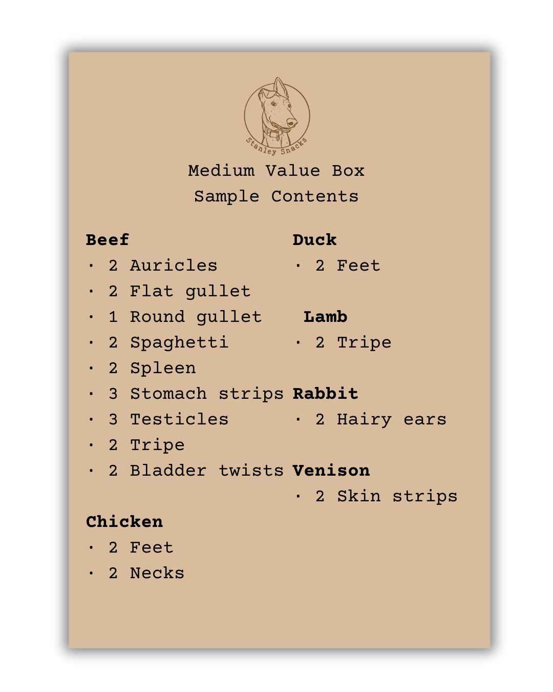 A colour image of a brown card menu of natural dog treat box contents.