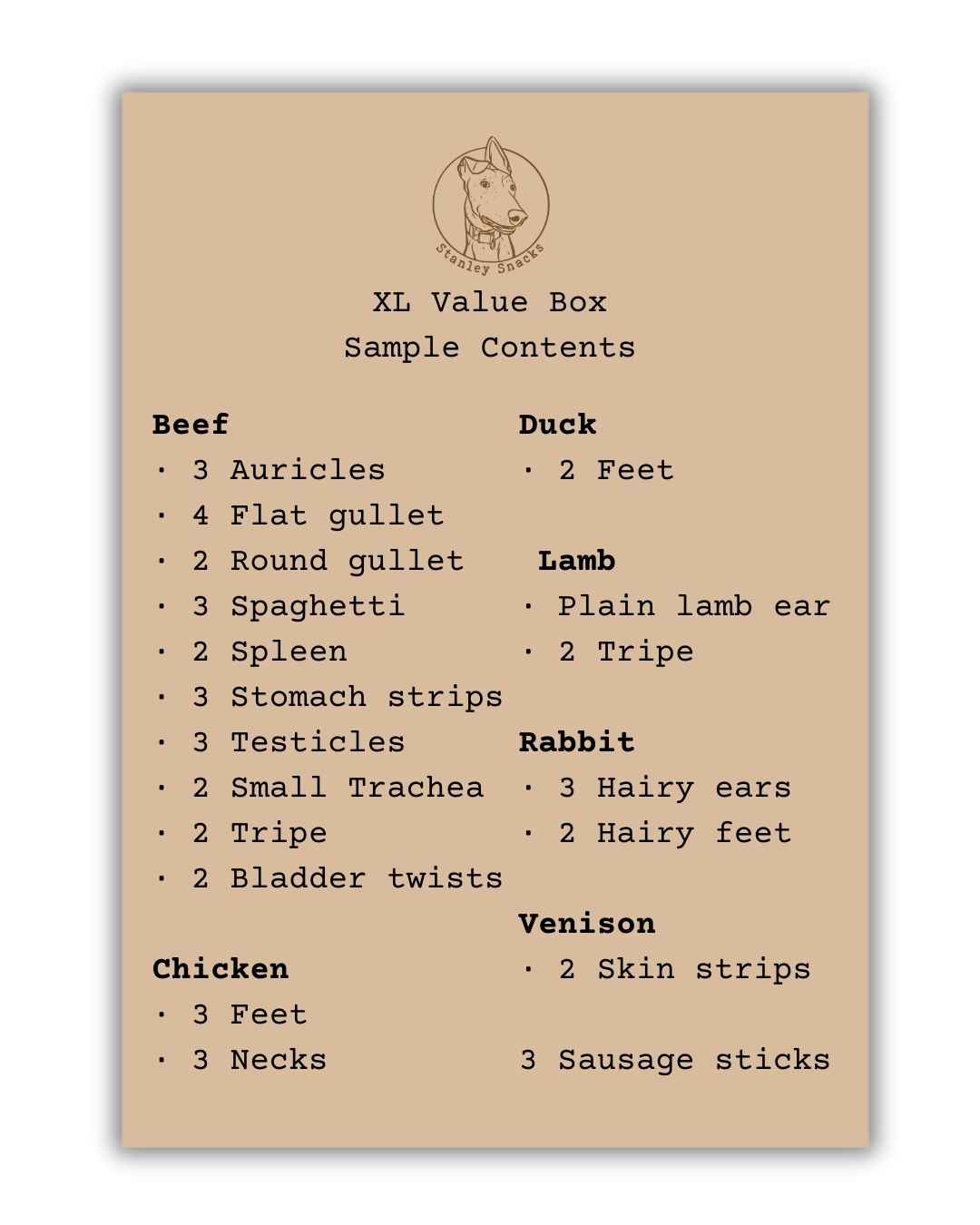 A colour image of a brown card menu of natural dog treat box contents.