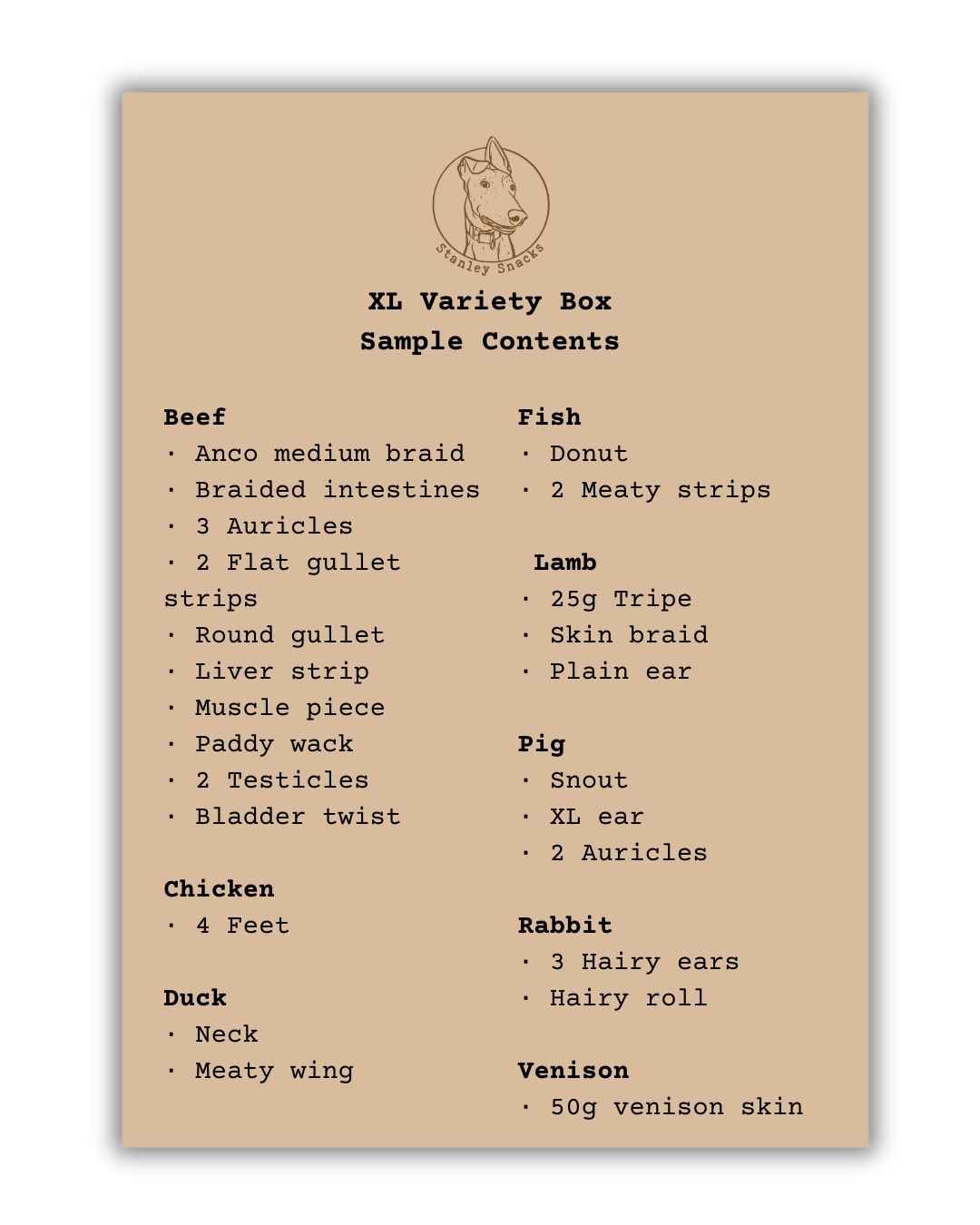 A colour image of a brown card menu of natural dog treat box contents.