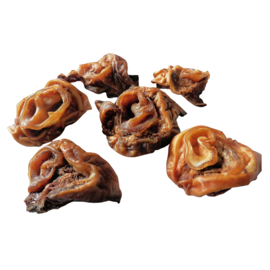 A colour image of dried pork auricle natural dog treats
