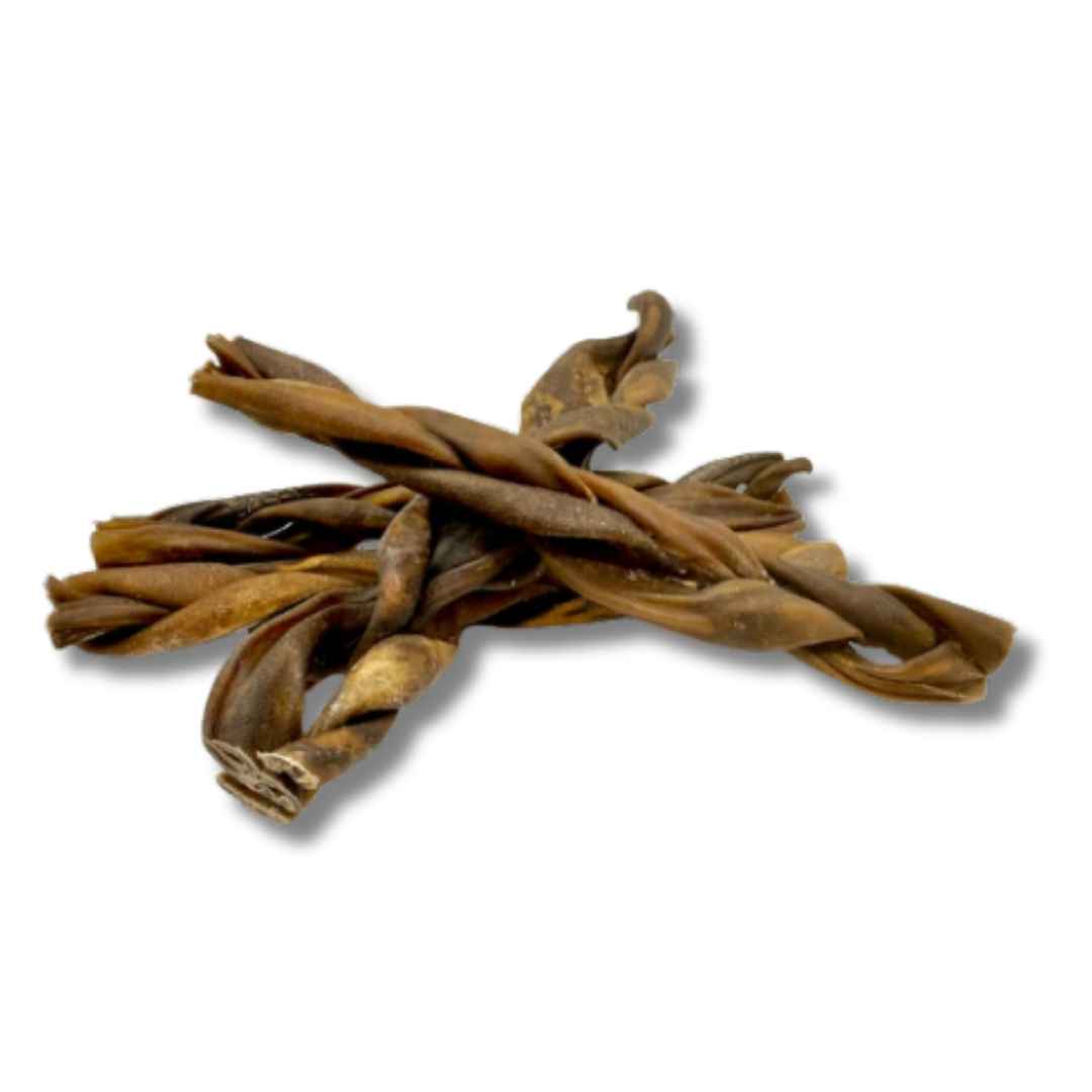 A colour image of braided goat skin natural dog treats.