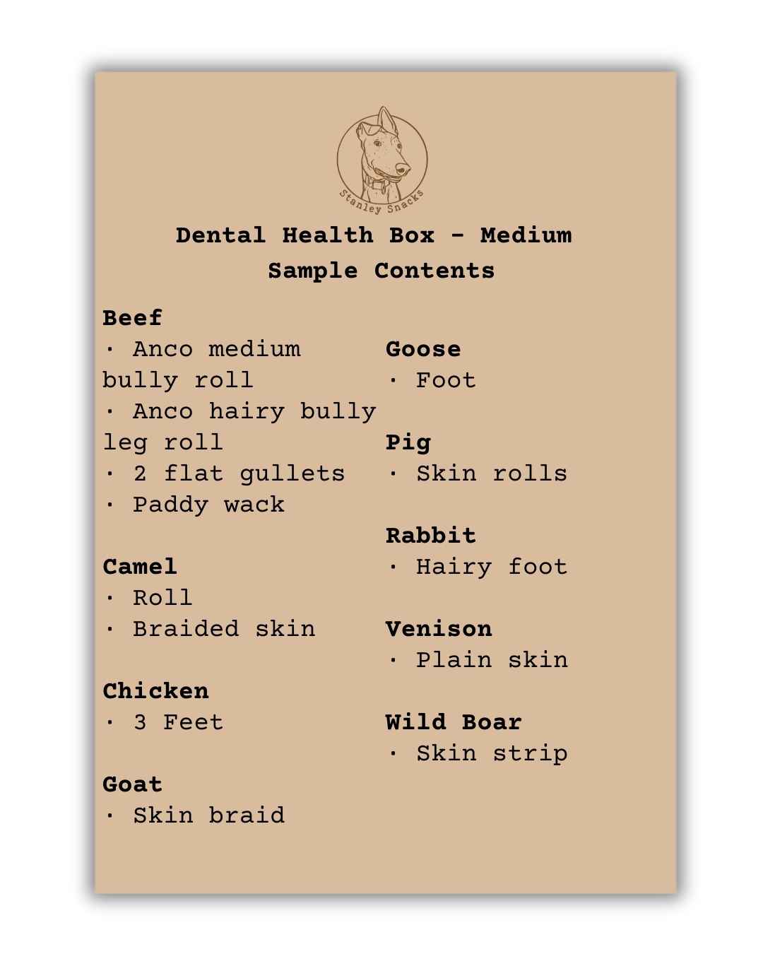 A colour image of a menu of dog treat box contents for a medium size dental health box