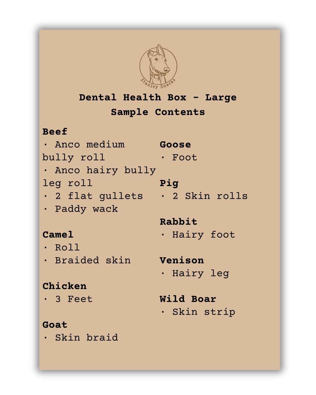 A colour image of a menu of dog treat box contents for a large size dental health box