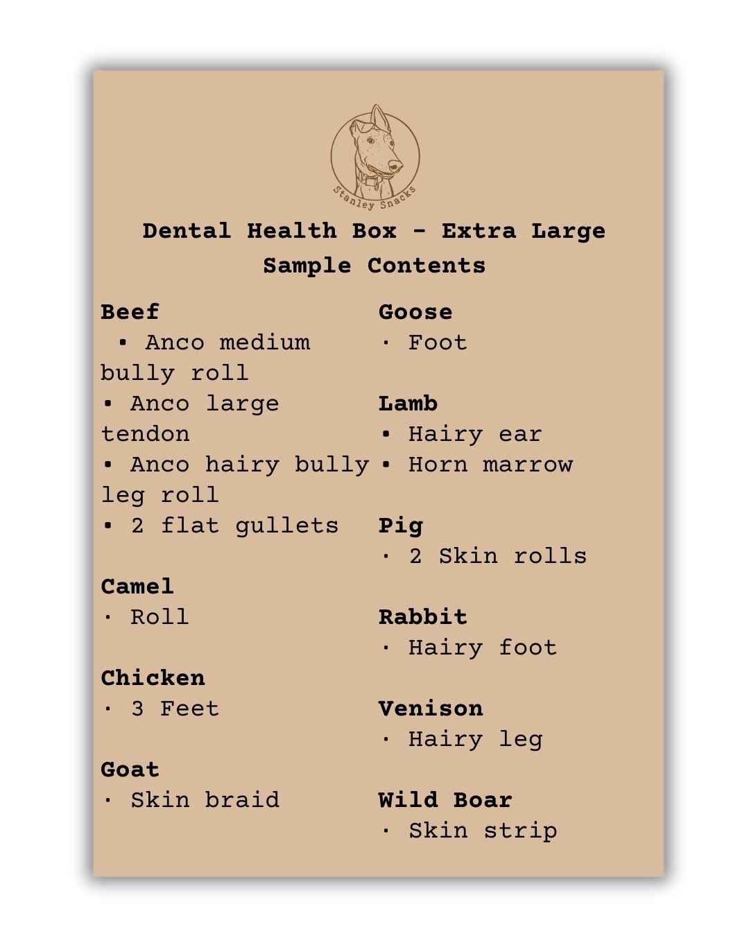 A colour image of a menu of dog treat box contents for a extra large size dental health box