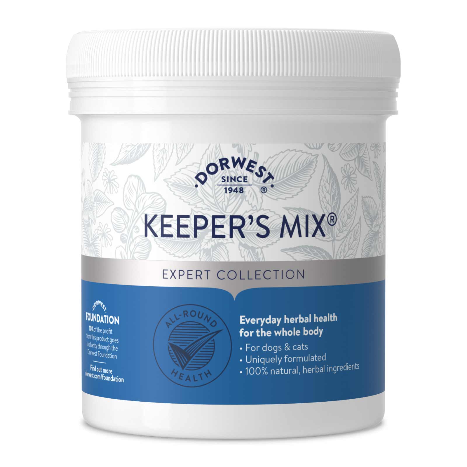 An image of a tub of Dorwest Keepers Mix. The label is blue and reads Everyday herbal health for the whole body. For dogs and cats, uniquely formulated, 100% natural, herbal ingredients.