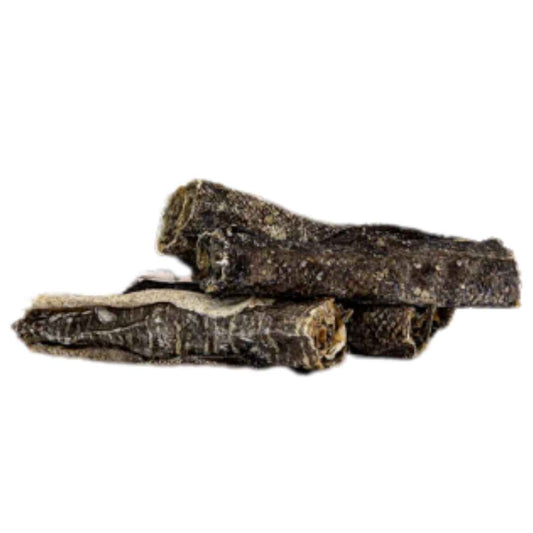 A colour image of dried fish skin roll natural dog treats.