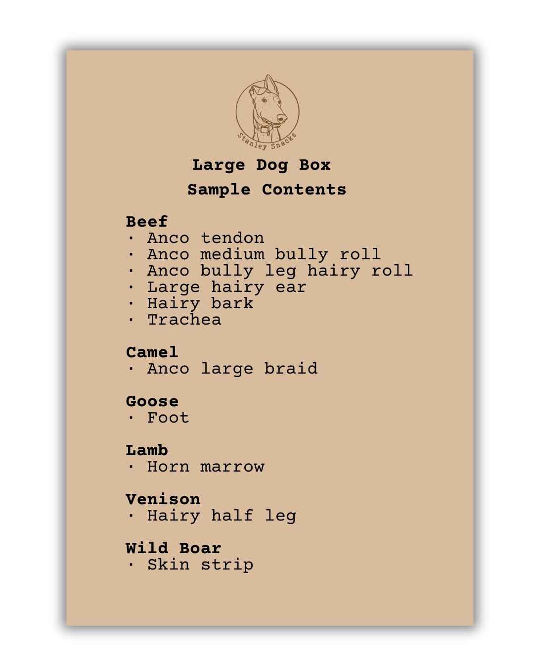 A colour image of a brown card menu of natural dog treat box contents.