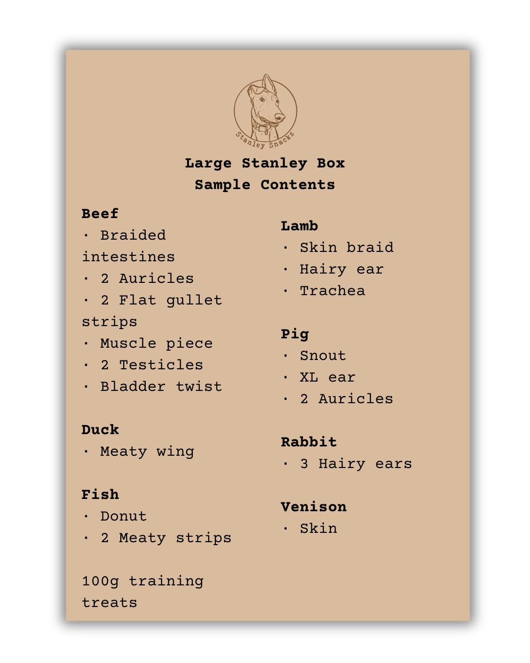 A colour image of a brown card menu of natural dog treat box contents.