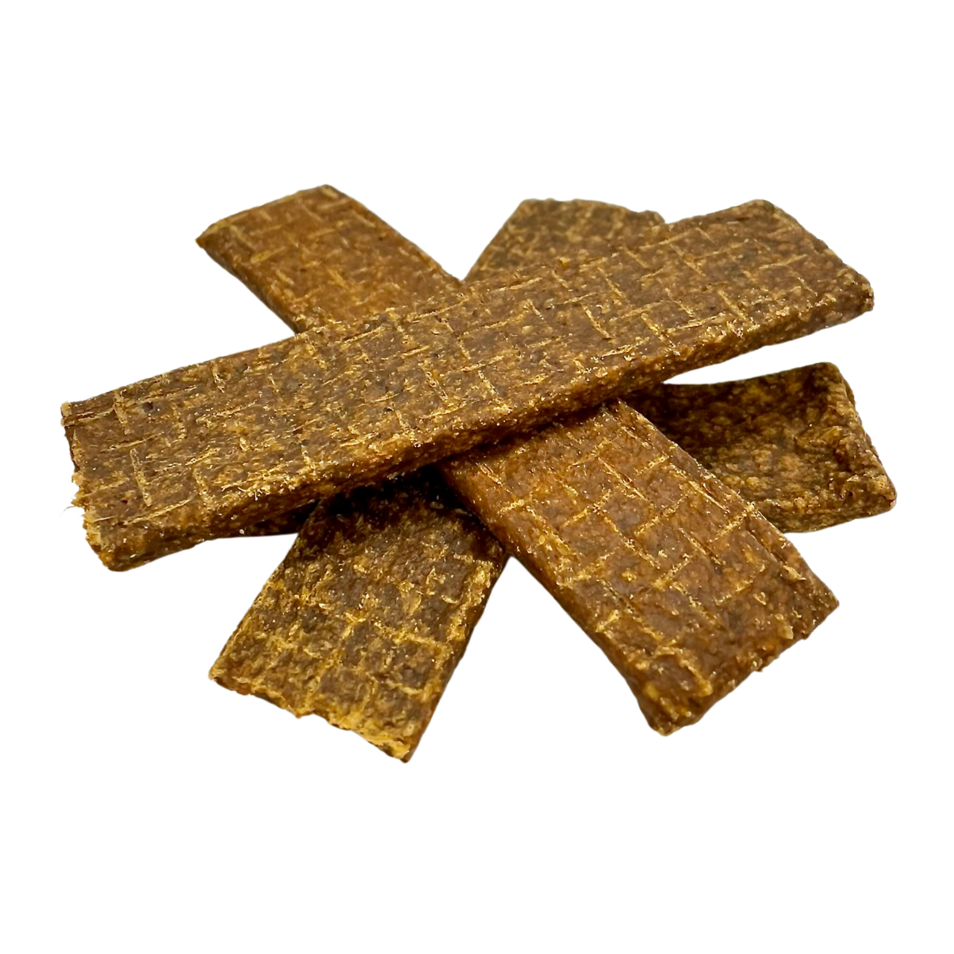 A colour image of a pile of meaty strips natural dog treats