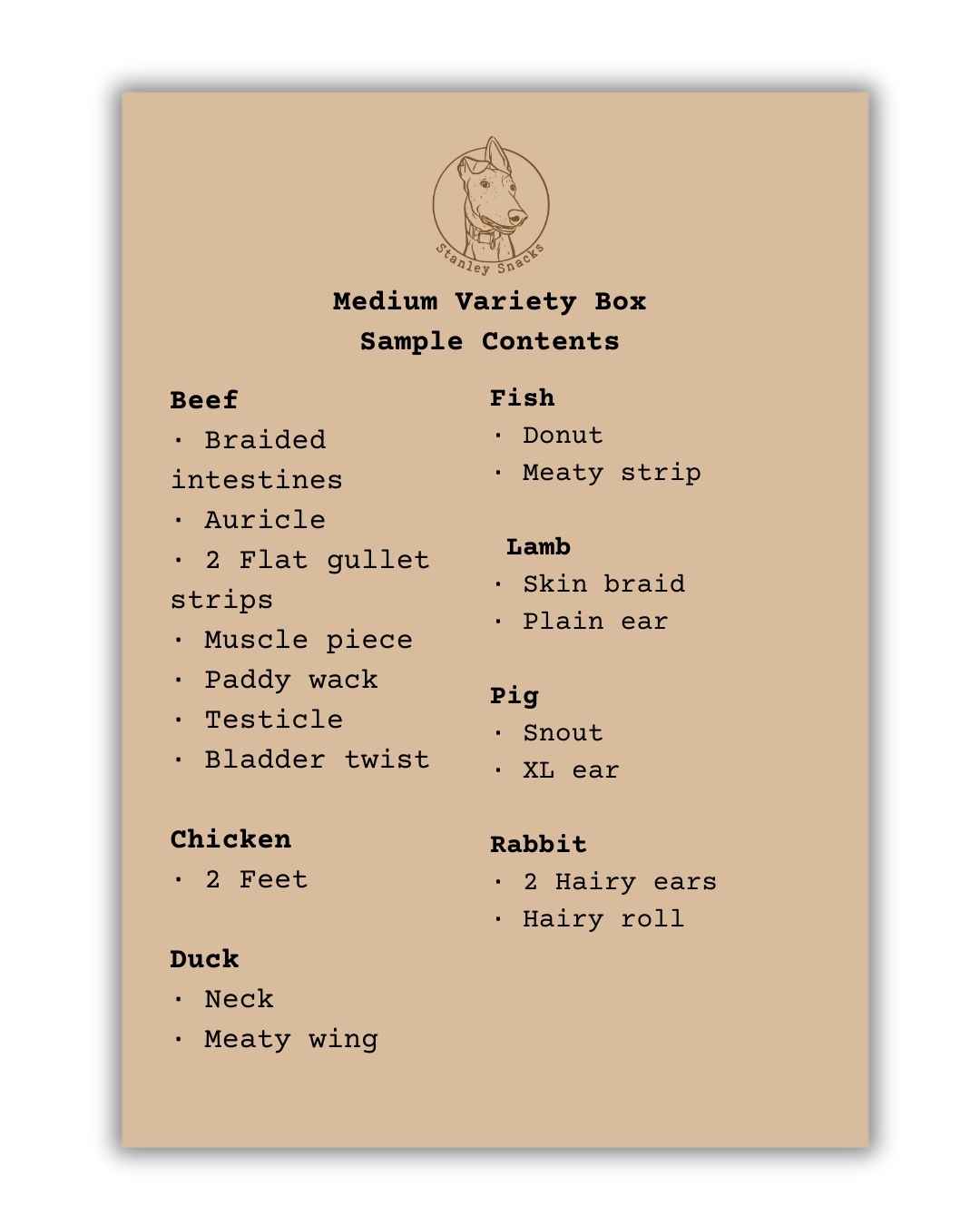 A colour image of a brown card menu of natural dog treat box contents.
