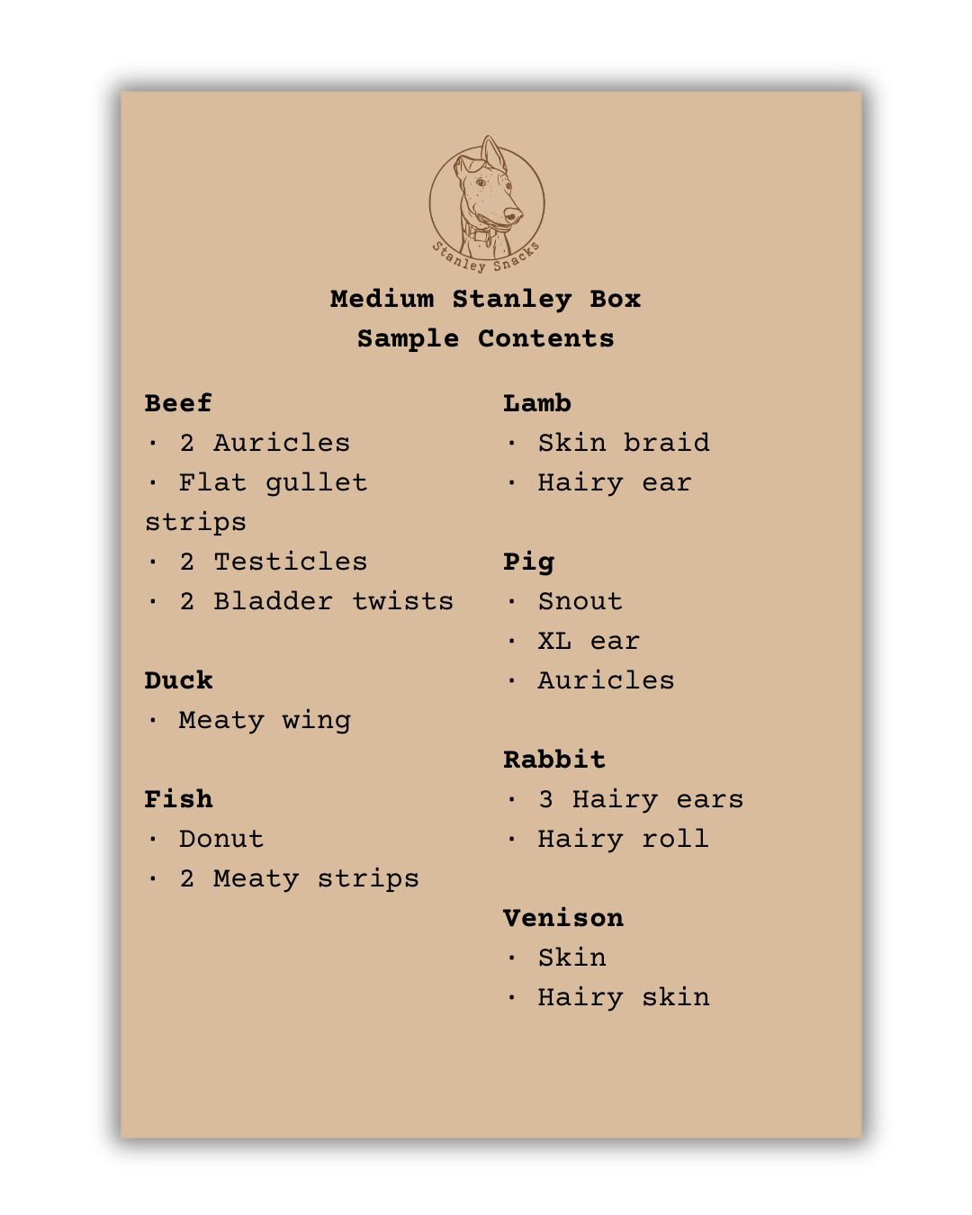 A colour image of a brown card menu of natural dog treat box contents.