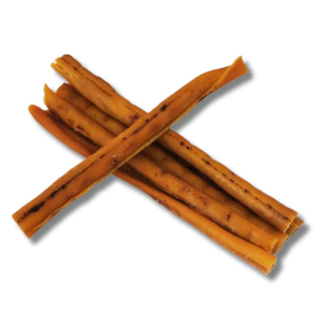 A colour image of pork rind rolls, natural dog treats.