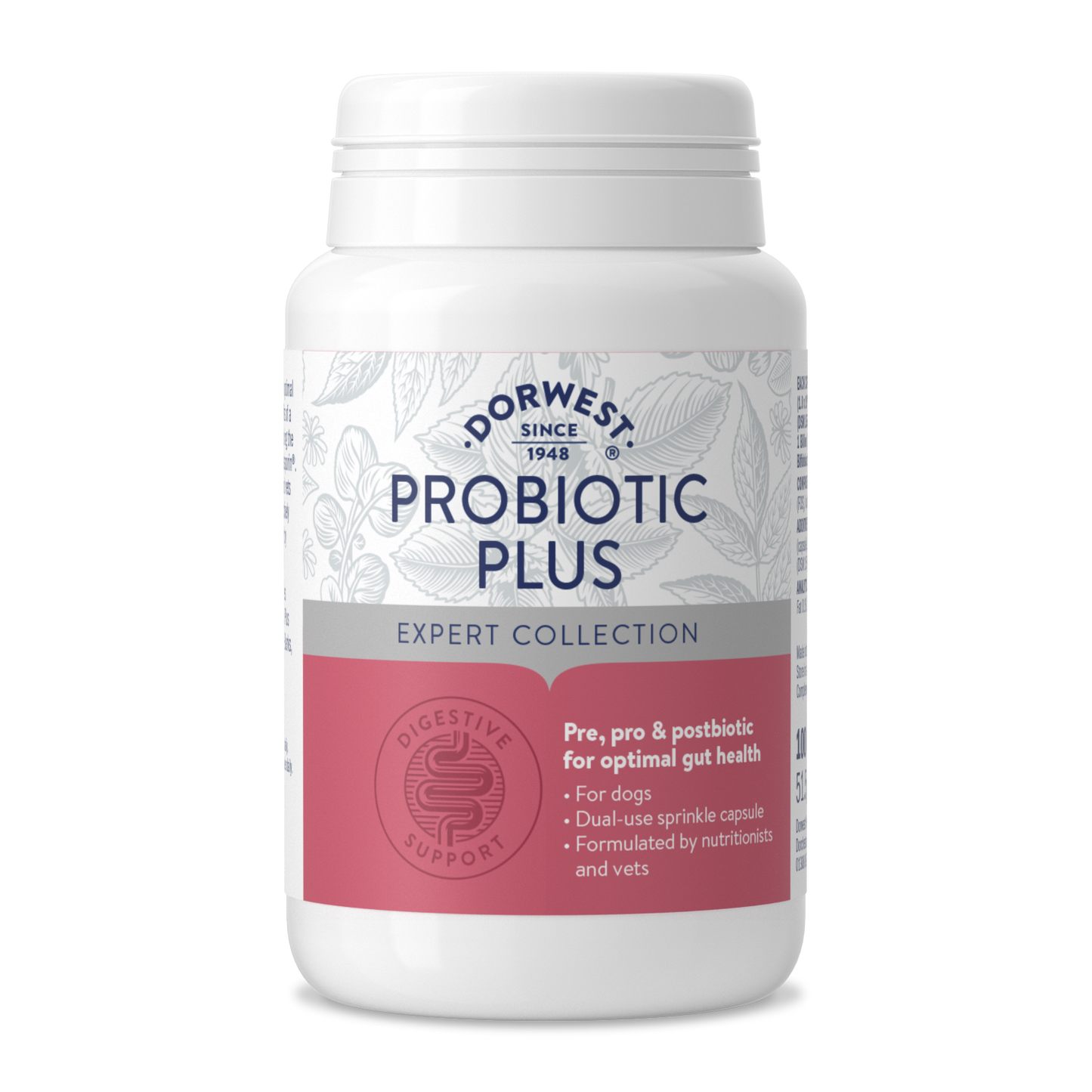 Image of a plastic tub of Dorwest Probiotic Plus Capsules. The label is pink.