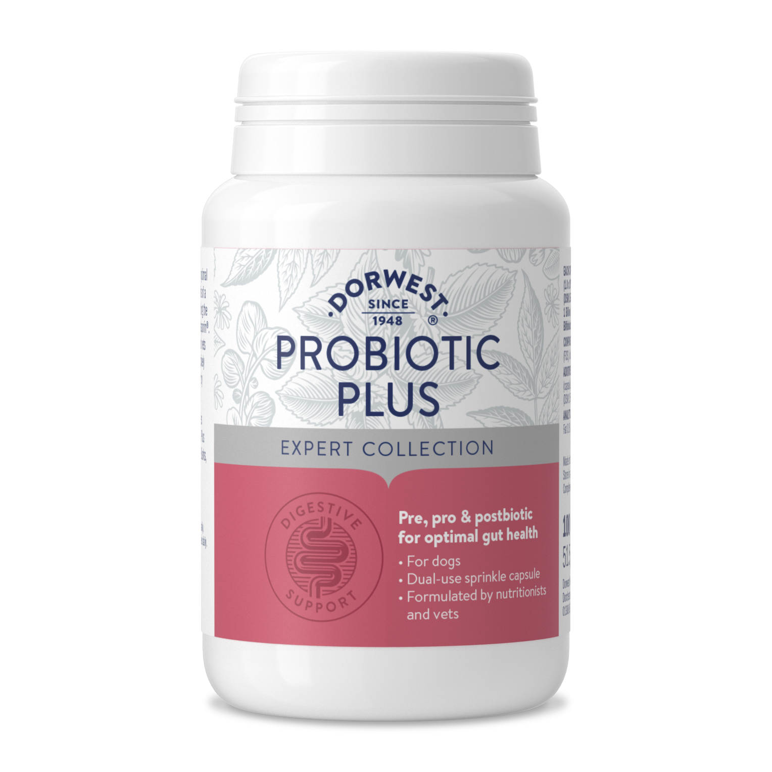 Image of a plastic tub of Dorwest Probiotic Plus Capsules. The label is pink.