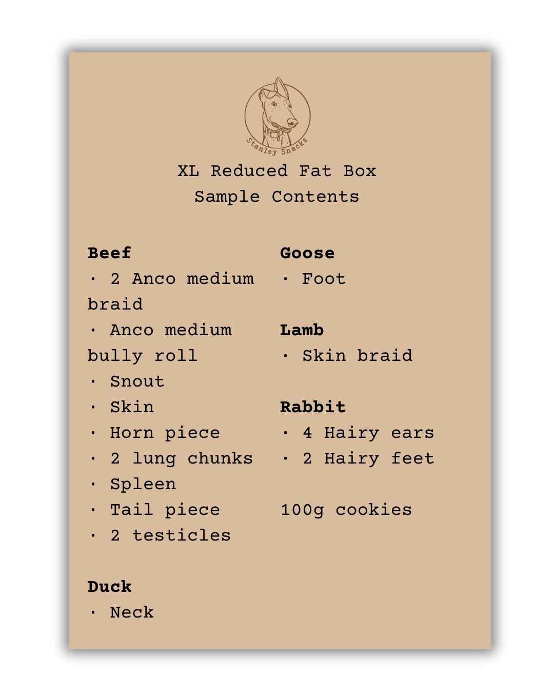 A colour image of a brown card menu of natural dog treat box contents.