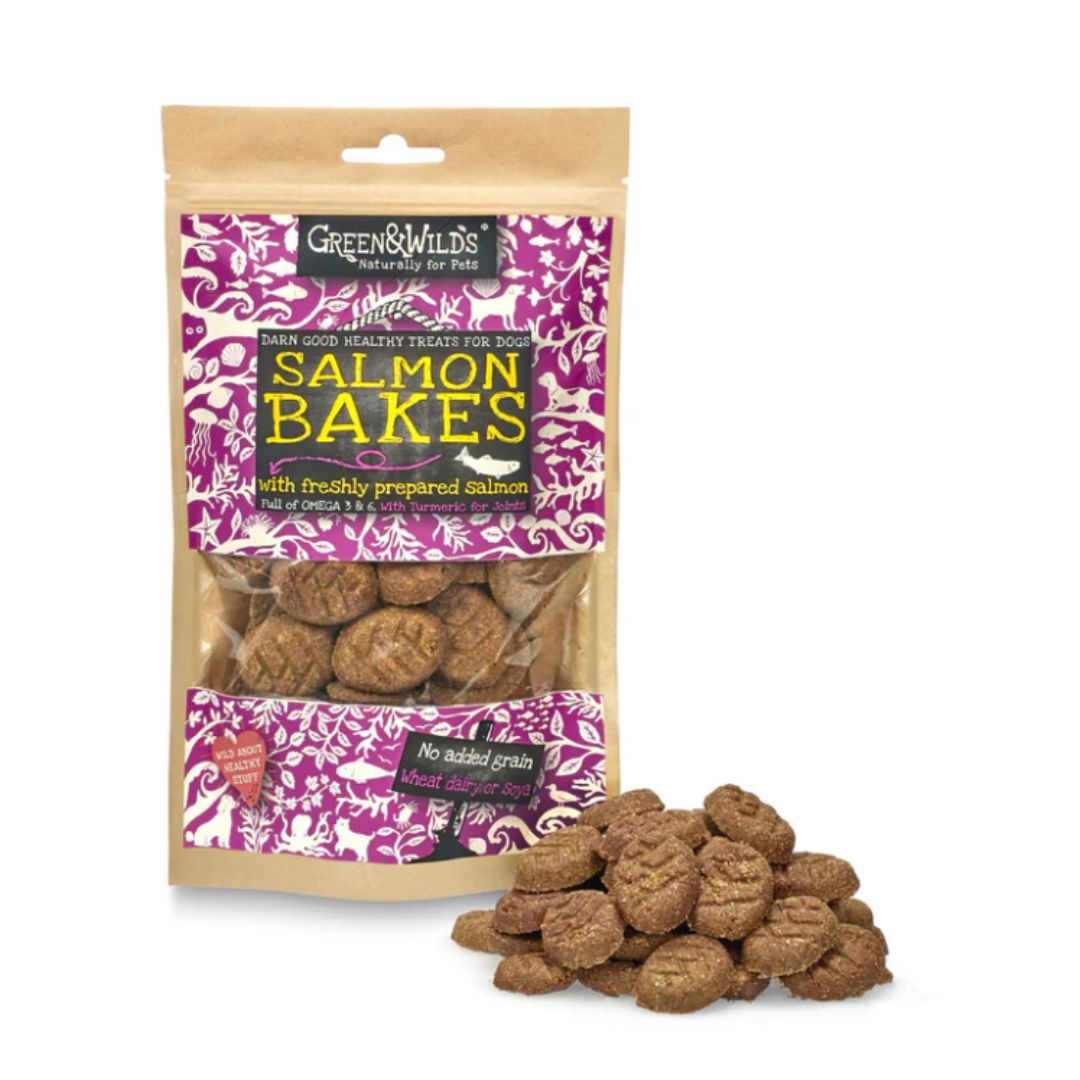 A colour image of a packet of Green and Wilds salmon bakes