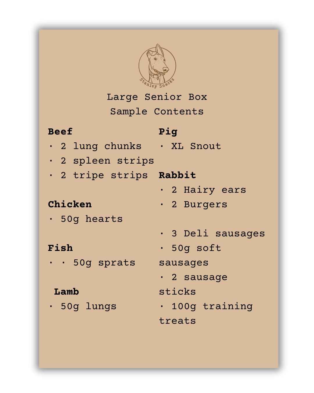 A colour image of a brown card menu of natural dog treat box contents.
